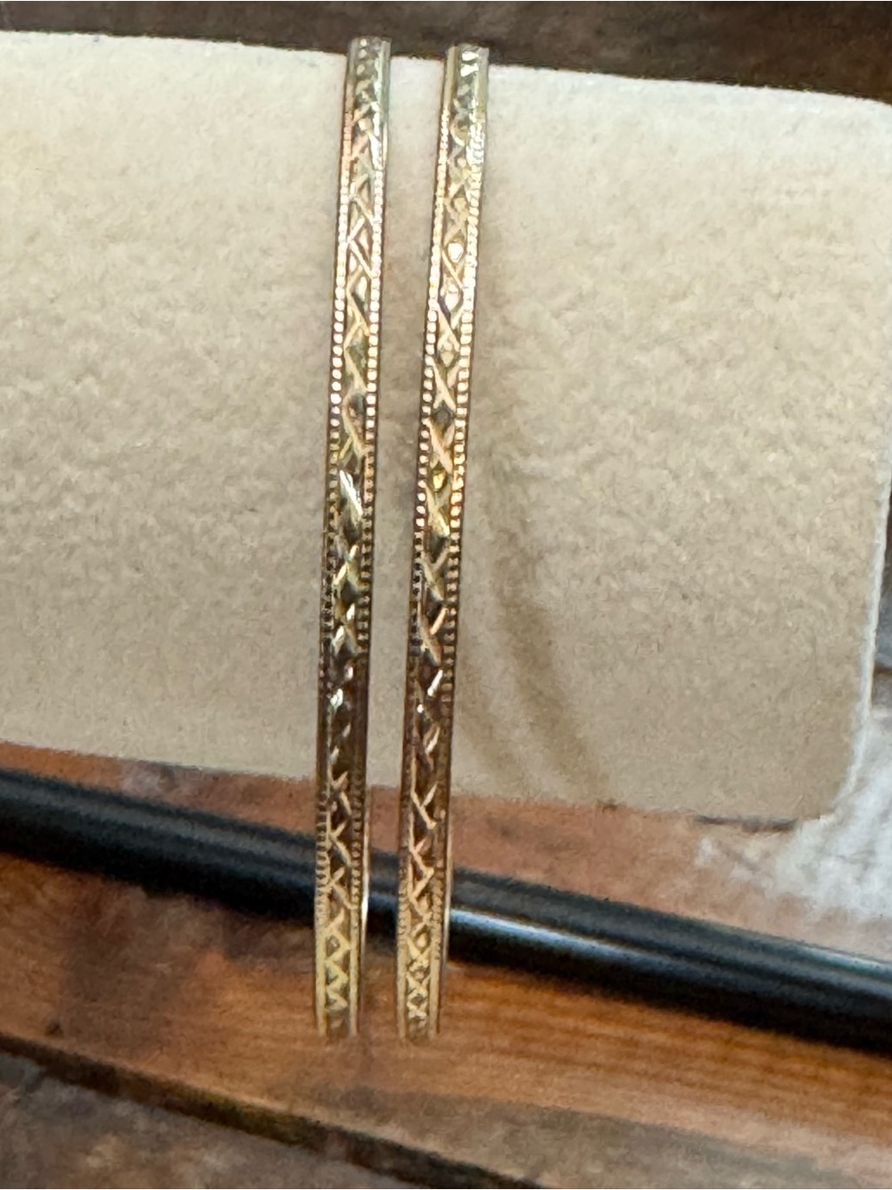 Pair of Gold Tone Etched Geometric Thin Bangle Bracelets